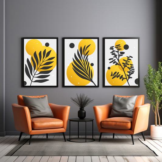 Abstract Botanical Wall Art Set of 3 – Modern Minimalist Leaf & Sun Prints for Living Room Bedroom Decor