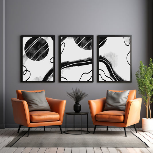 Abstract Black and White Wall Art Set of 3 – Modern Geometric Minimalist Brushstroke Prints