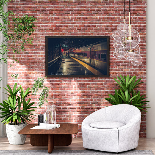 Night Train Station Wall Art | Rainy Railway Canvas | Moody Travel Decor