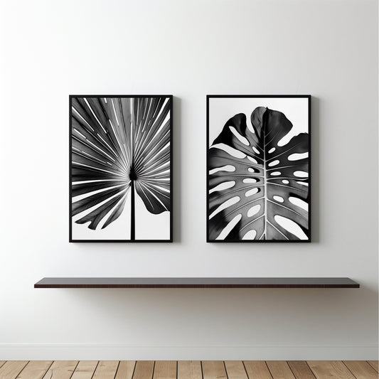 Monochrome Leaf Elegance β Set of 2 Black & White Botanical Wall Frames πΏ