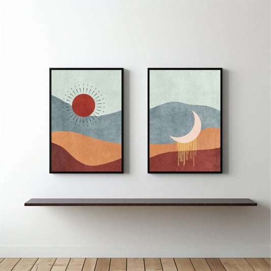 Celestial Desert Wall Frame Set β Abstract Sun & Moon Boho Art ππ