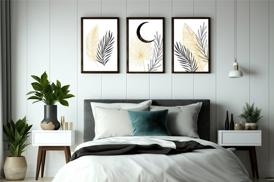 Golden Moonleaf Wall Frame Set β Minimal Botanical Art for Modern Spaces π