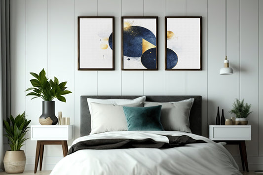 Midnight Geometry Wall Frame Set – Blue & Gold Abstract Elegance for Modern Spaces ✨