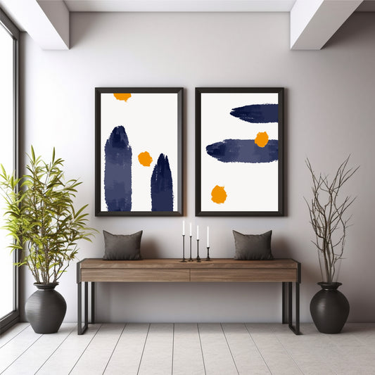 Navy Blue & Orange Abstract Wall Art Set | Modern Minimalist Geometric Prints