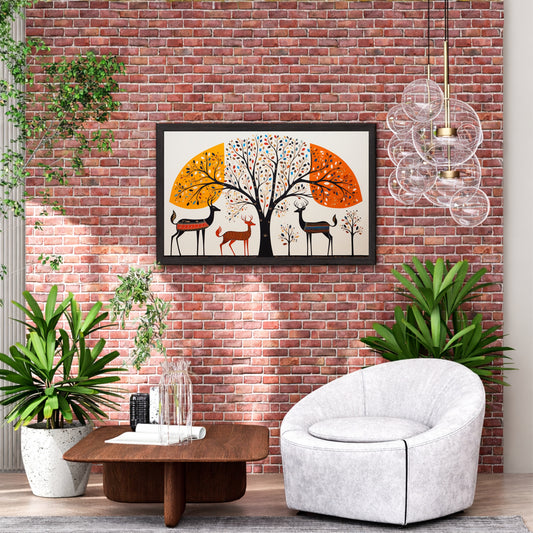 Tree of Life Wall Art | Deer & Peacock Folk Art | Indian Tribal Animal Artwork