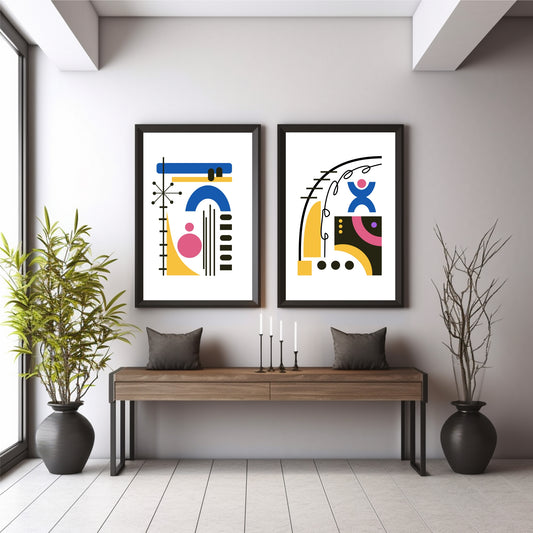Mid Century Modern Abstract Wall Art Set of 2 | Colorful Geometric Retro Prints