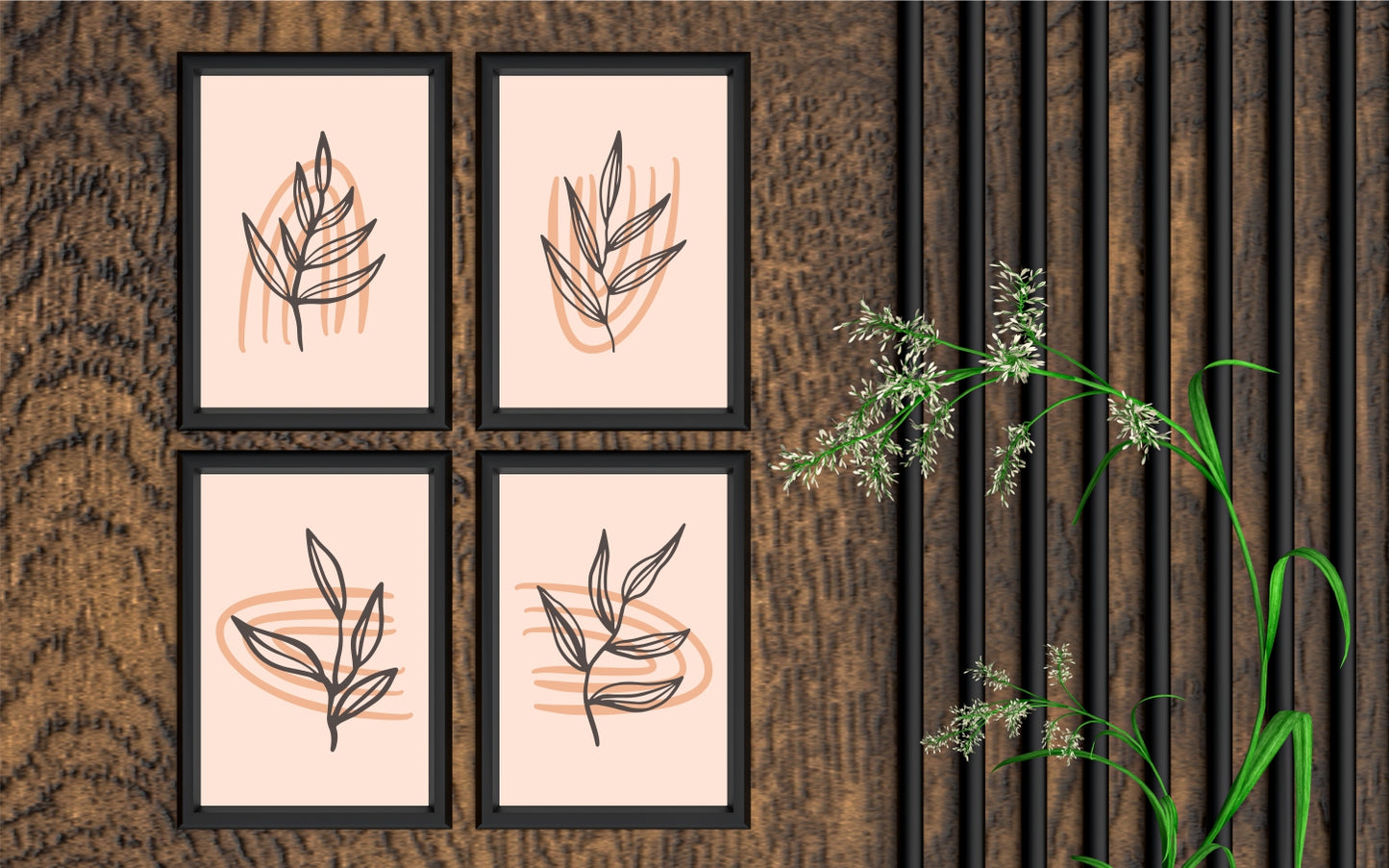 Peach Essence Botanical Wall Frame Set of 4 – Minimal Leaf Line Art in Warm Peach Tones 🍑