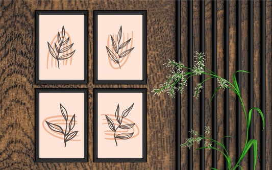 Peach Essence Botanical Wall Frame Set of 4 β Minimal Leaf Line Art in Warm Peach Tones π