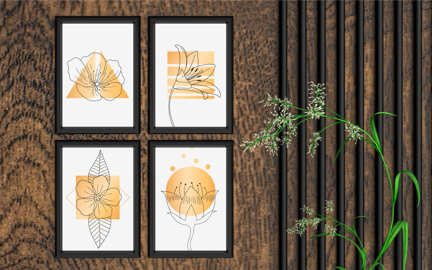 Golden Bloom Floral Wall Frame Set of 4 – Modern Line Art Flowers in Yellow & Gold Tones 🌼