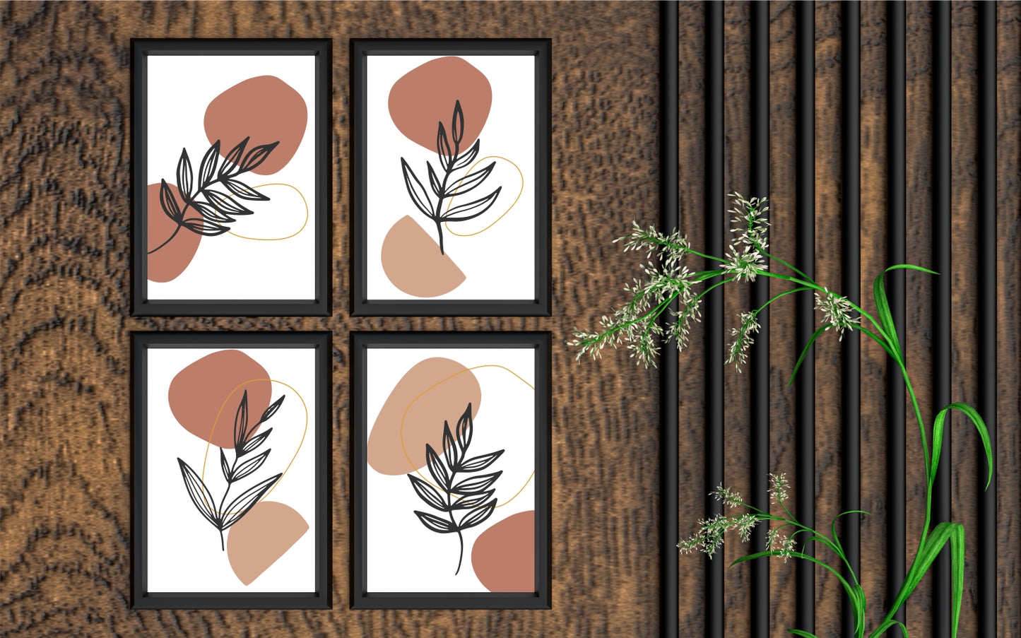 Terracotta Leaf Harmony Wall Frame Set of 4 β Minimal Botanical Line Art in Warm Earth Tones π