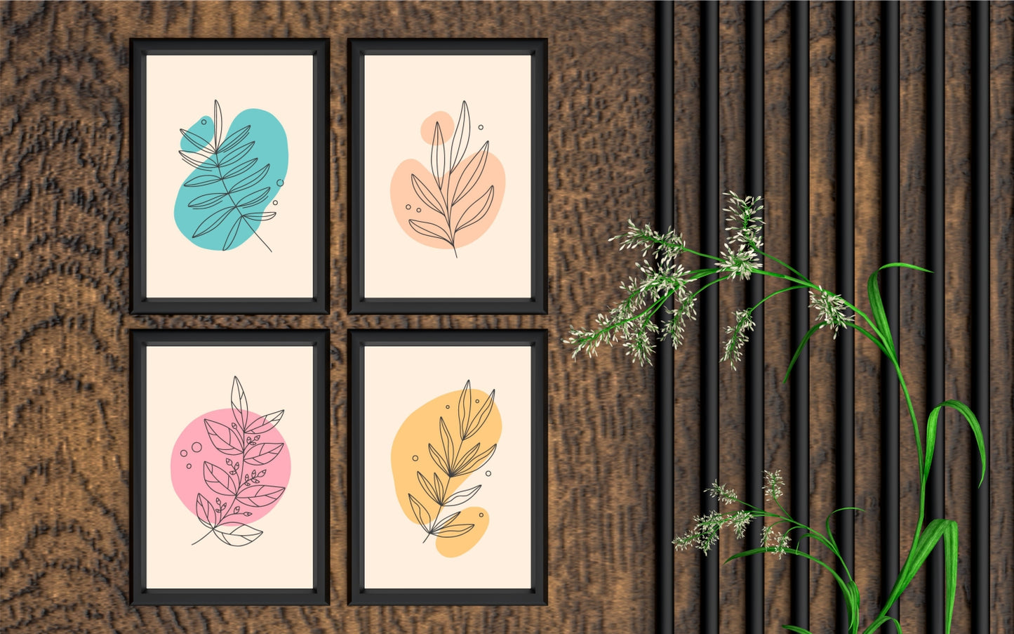 Colorful Botanical Line Art Wall Frame Set of 4 – Modern Minimalist Abstract Decor 🌿