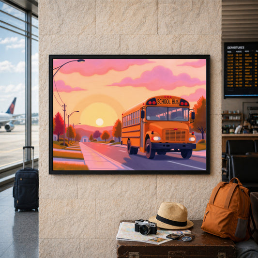 School Bus Sunset Wall Art | Nostalgic Childhood Journey Poster