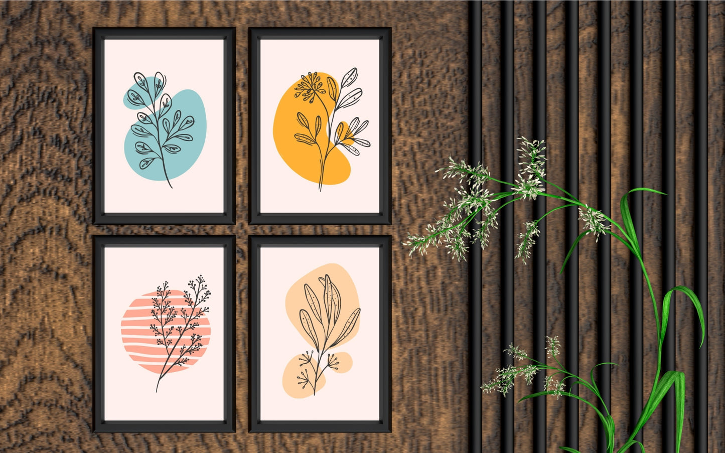 Modern Botanical Line Art Wall Frame Set of 4 β Minimal Aesthetic with Soft Pastel Colors πΏπ¨