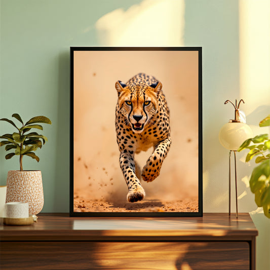 Cheetah Wall Art | Running Cheetah Wildlife Artwork | Framed Big Cat Photography | Safari Animal Wall Decor