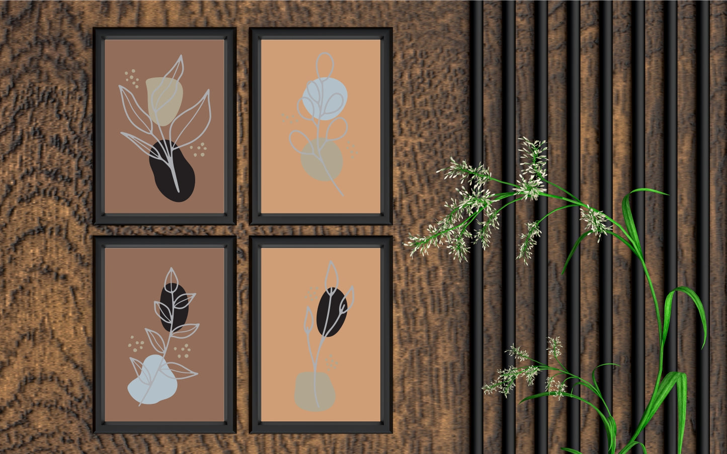 Earthy Botanical Abstract Wall Frame Set of 4 – Minimal Nature Line Art for Modern Home Décor 🤎