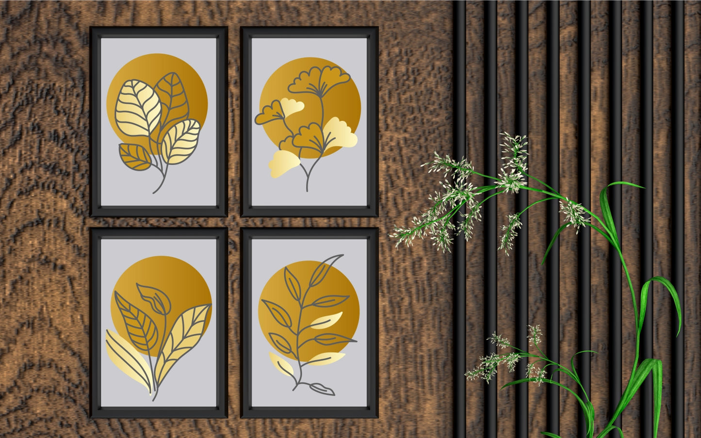 Golden Botanical Wall Frame Set of 4 – Luxury Abstract Leaf Art for Modern Home & Office Décor 🌿