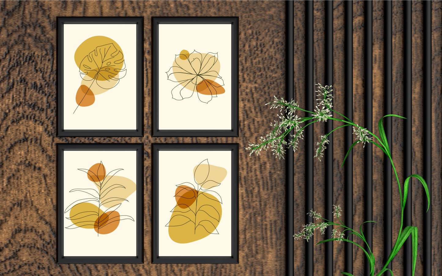 Golden Autumn Leaf Wall Frame Set of 4 – Minimal Botanical Art for Modern Interiors 🍂