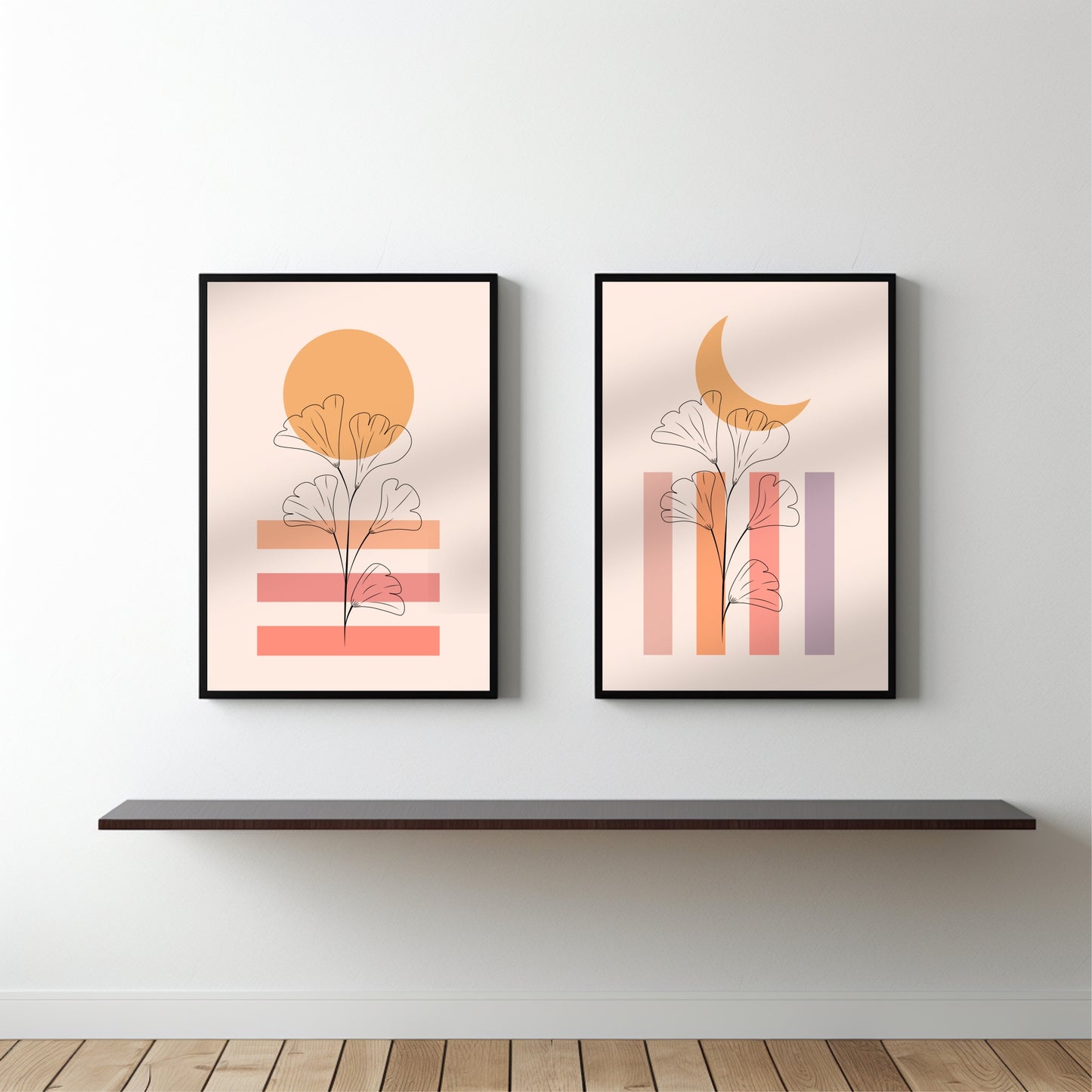 Sun & Moon Bloom Wall Frame Set – Abstract Floral Minimalist Art for Elegant Interiors 🌞🌙