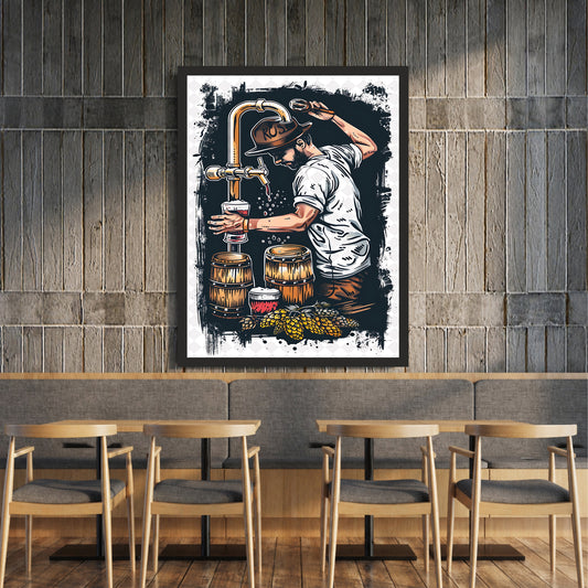 Beer Tapper Wall Art | Vintage Beer Brewing Poster | Brewery Bar Framed Wall Decor | Beer Lover Artwork