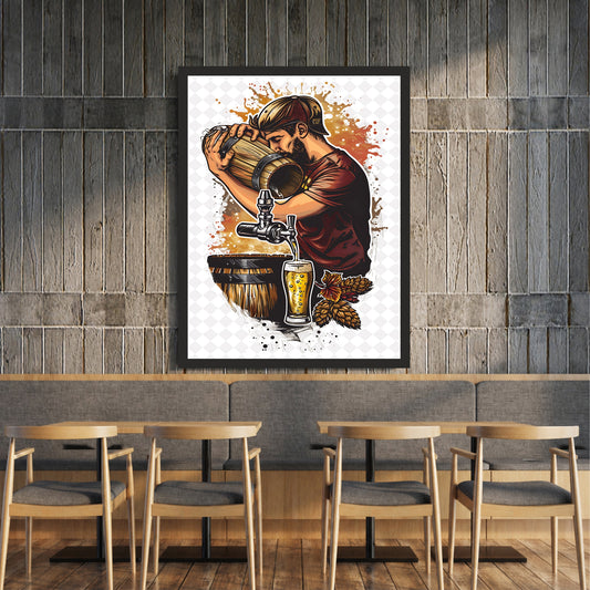 Beer Brewery Wall Art | Framed Vintage Beer Barrel & Tap Artwork | Pub Bar Décor | Beer Lover Wall Art