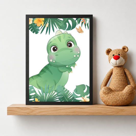 Cute Green Dino Jungle Wall Art | Tropical Dino Kids Room Poster | Dinosaur Nursery Decor