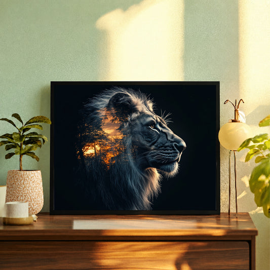Lion Wall Art | Double Exposure Lion Artwork | African Safari Sunset Wildlife Decor | Framed Animal Wall Decor