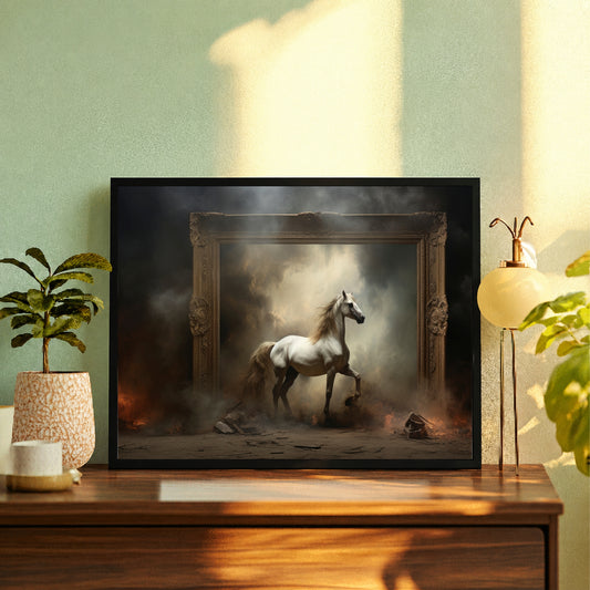 Horse Wall Art | White Horse Fantasy Artwork | Framed Equestrian Art Print | Dramatic Modern Wall Decor