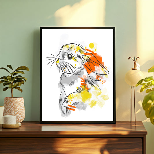Rabbit Wall Art | Framed Colorful Bunny Artwork | Cute Animal & Modern Décor