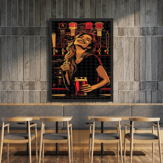 Beer Bar Wall Art | Framed Woman Drinking Beer Artwork | Pub & Bar Décor | Beer Lover Wall Art