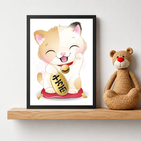 Cute Lucky Cat Wall Art | Japanese Maneki Neko Poster | Kids Room & Nursery Decor