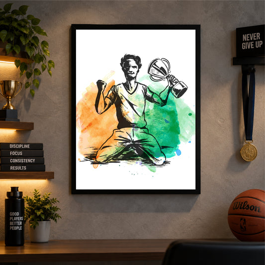 Cricket Wall Art | Framed Cricket Player & Trophy Artwork | Sports & Victory Décor