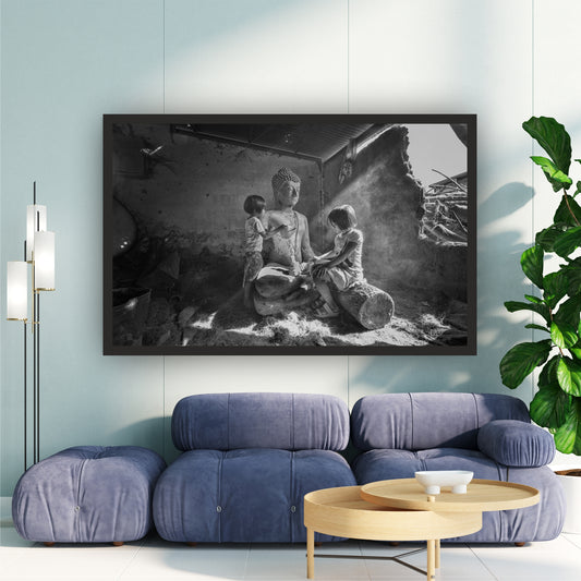 Rustic Buddha & Children Wall Art | Black & White Photography