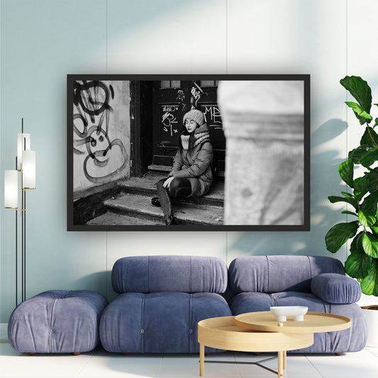 Urban Winter Girl Wall Art | Black & White Photography