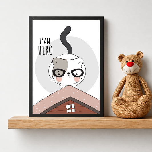 Cute Cat Wall Art | I’m Hero Cat Kids Poster | Minimalist Nursery Room Decor