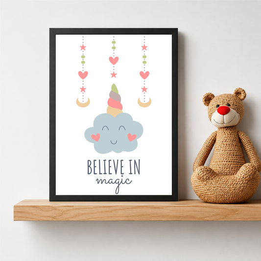 Cute Unicorn Wall Art | Believe in Magic Kids Poster | Magical Nursery Room Decor
