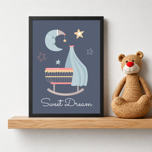 Sweet Dream Nursery Wall Art | Cute Moon & Rocking Horse Kids Poster | Baby Room Decor