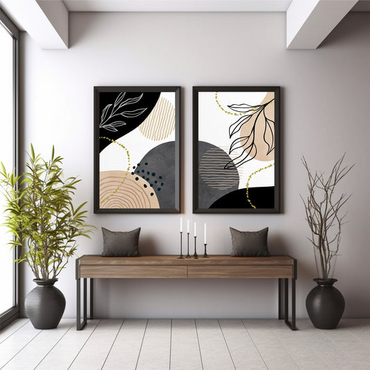 Abstract Botanical Wall Art Set of 2 | Modern Black & Beige Leaf Line Art Prints | Geometric Neutral Boho Home Decor