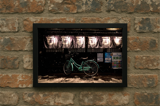 “Midnight Bicycle – Snowlit Street Frame” 🚲❄🖤