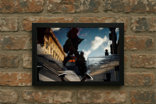 “Reflections in Motion – Urban Mirror Frame” 🖤🌧️🚶♂️