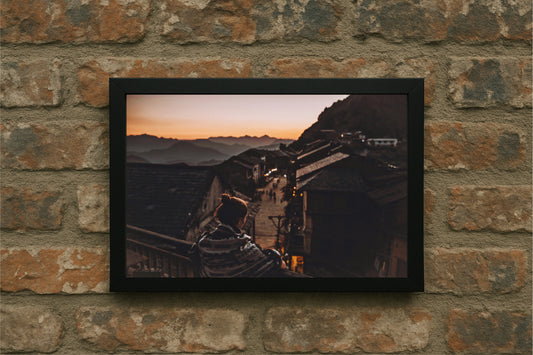 “Sunset Watcher – Mountain Village Frame” 🌄🖤