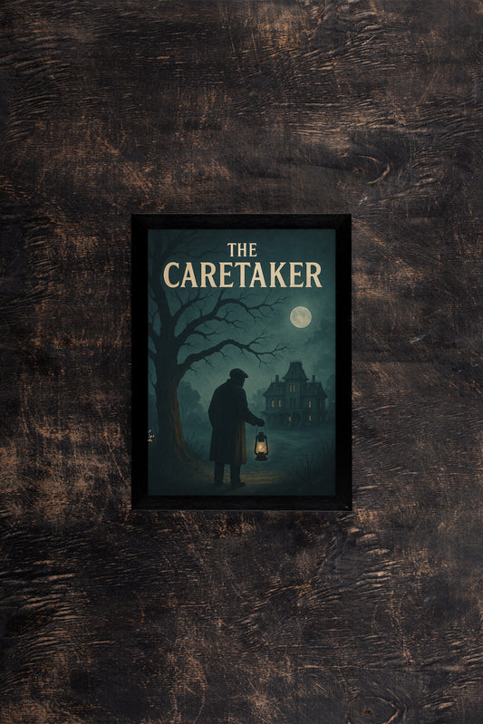 “THE CARETAKER – Gothic Mystery Night Poster Frame” 🌕🕯️🖤