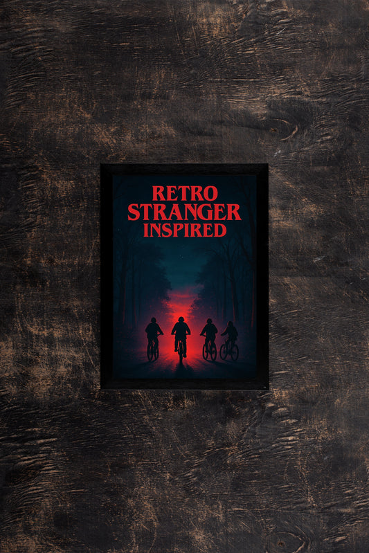 “RETRO STRANGER INSPIRED – Neon Mystery Adventure Poster Frame” 🚲🔴🌌