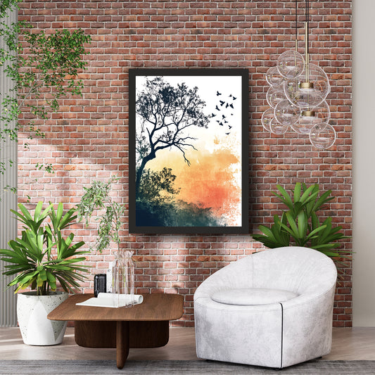 Tree & Flying Birds Wall Art | Watercolor Nature Silhouette Artwork