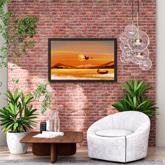 Sunset Lake Boat Wall Art | Orange Landscape Nature Artwork