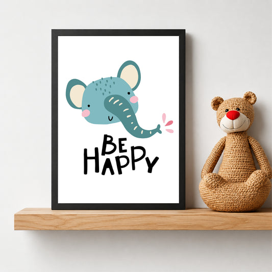 Be Happy Elephant Nursery Wall Art | Cute Animal Kids Room Poster