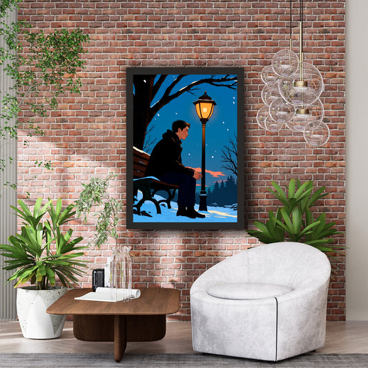 Lonely Winter Evening Wall Art | Man on Bench Under Street Lamp Artwork