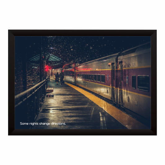 Night Train Station Wall Art | Rainy Railway Canvas | Moody Travel Decor