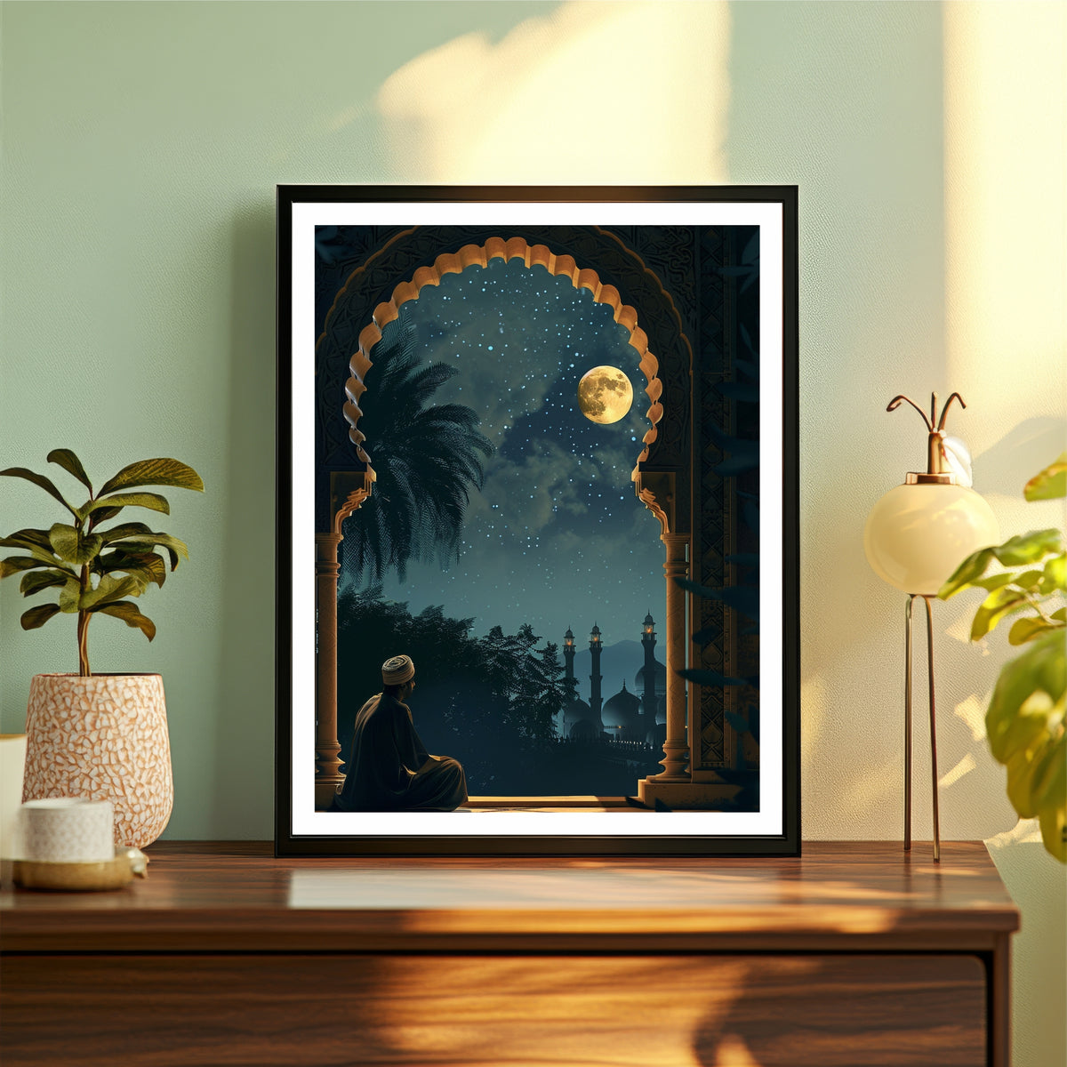 Ramadan Night Prayer Wall Art | Islamic Moonlit Mosque Artwork | Muslim Prayer & Reflection Decor | Eid & Ramadan Home Wall Frame