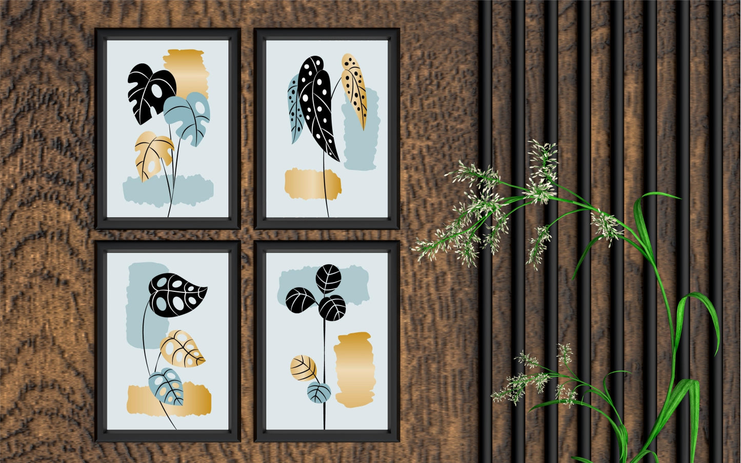 Golden Teal Botanical Wall Frame Set – Modern Artistic Leaf Design 🌿✨