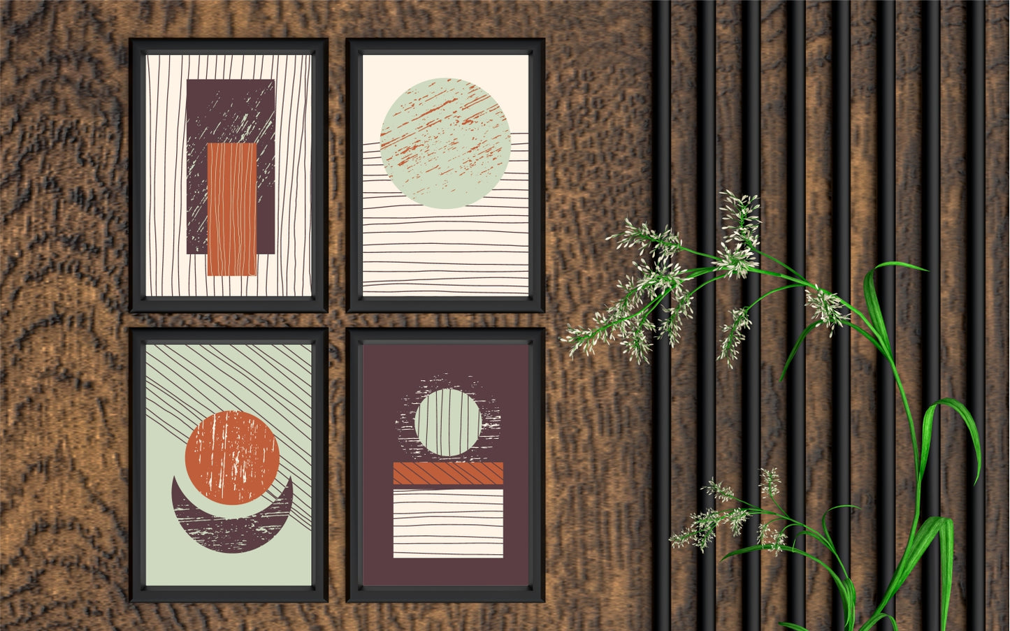 Rustic Geometric Wall Frame Set – Modern Abstract Shapes in Earthy Tones 🟠🟢🟣